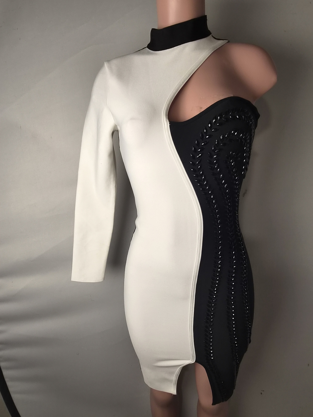 Fashion Nova White and Black Asymmetrical One-Shoulder Bodycon Dress